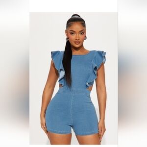 Zara Blue Denim Romper with Ruffle Sleeves